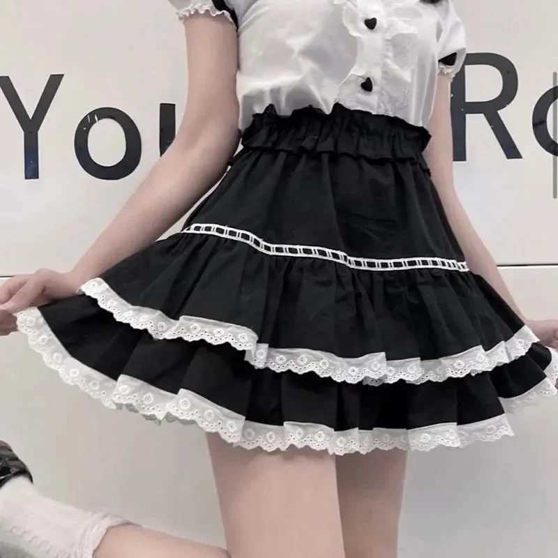 Lace Ruffle A-line Skiing Womens High Waist Tutu Elastic Waist Lolita Sweet Cute Preparatory Style Faldas Black Cake Skiing M250424