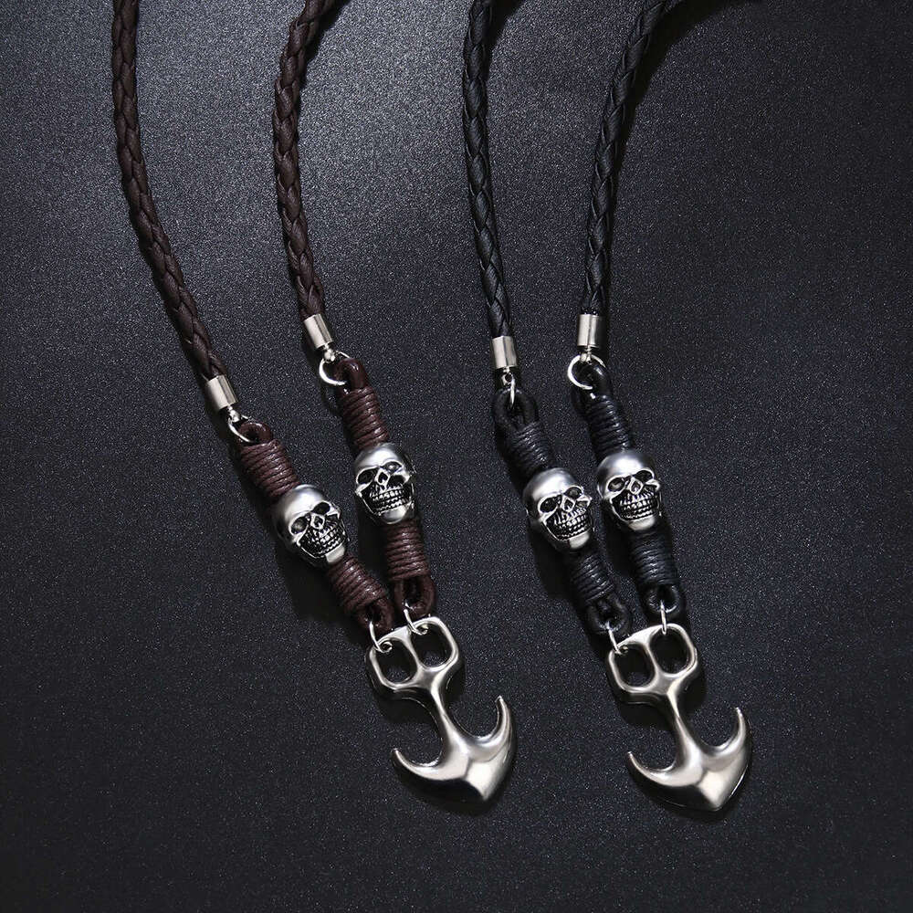 Versatile design Halloween alloy boat anchor pendant hot selling personalized skull head woven necklace
