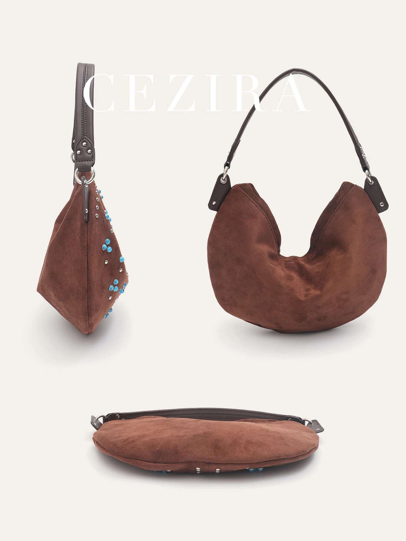 Bohemia Retro Tribal Style Women's Faux Suede Fabric PU Vegan Leather Patchwork Studded Beads Decor Half-Moon Hobo Shoulder Bag