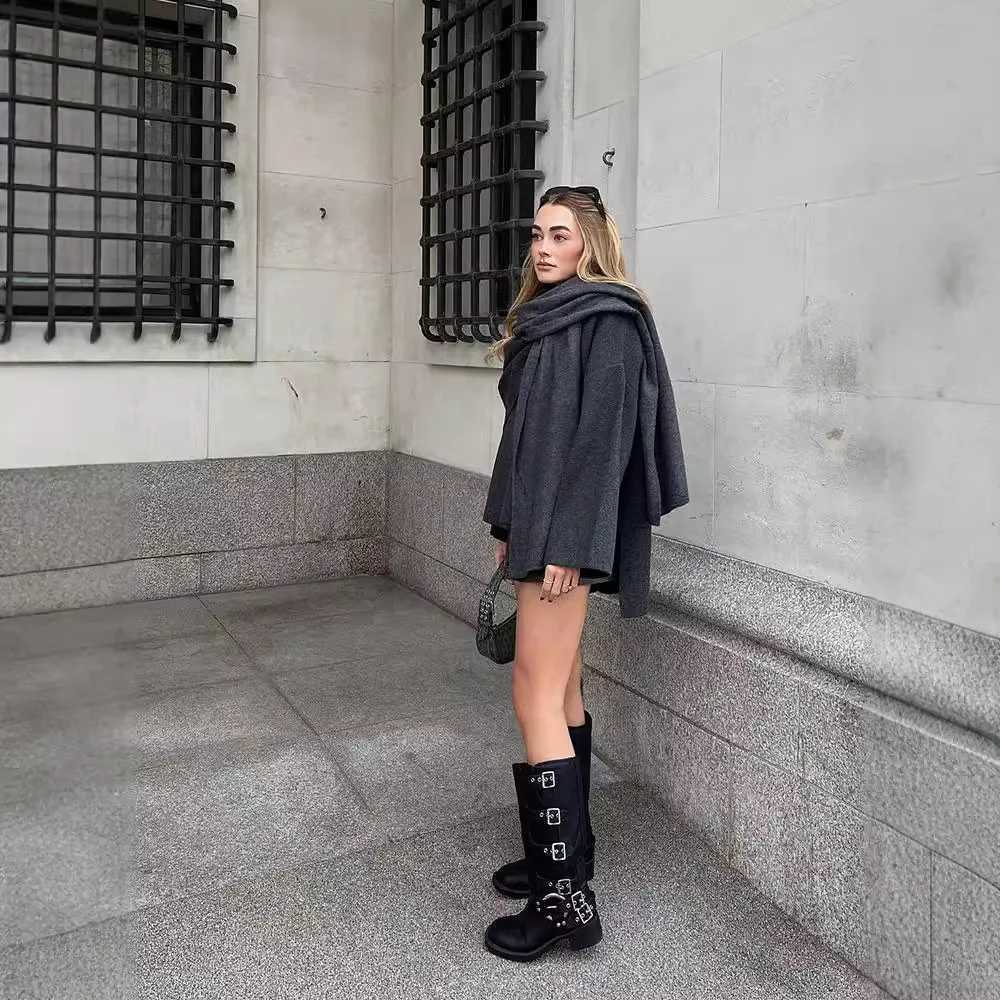 Women Fashion Scarf Decorated Woolen Jacket Casual Solid Long Sleeve Loose Warm Overcoat 2025 Autumn Winter New Lady Chic Coat J251124