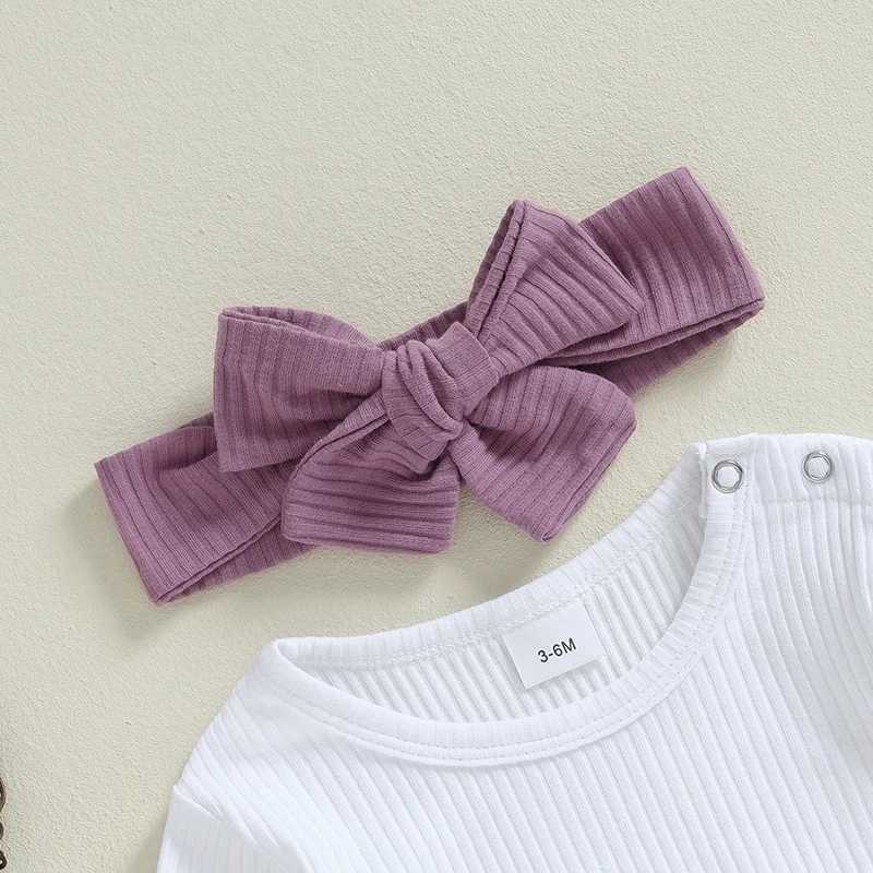 Clothing Sets 2024-05-31 Lioraitiin Baby Girl Ribbed Outfit Long Sleeve Romper Ruffle Trim Overalls Bow Headband 3 Piece Set for Fall R250424