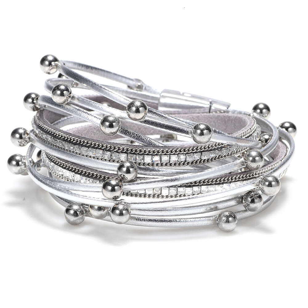 Temu Fashion Leather Inlaid with Water Dia Pearl Multi Loop Wrapped Magnetic Buckle Bracelet Jewelry
