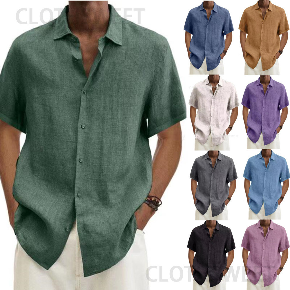 2022 summer V-neck button cotton hemp solid mens fashion shirt men