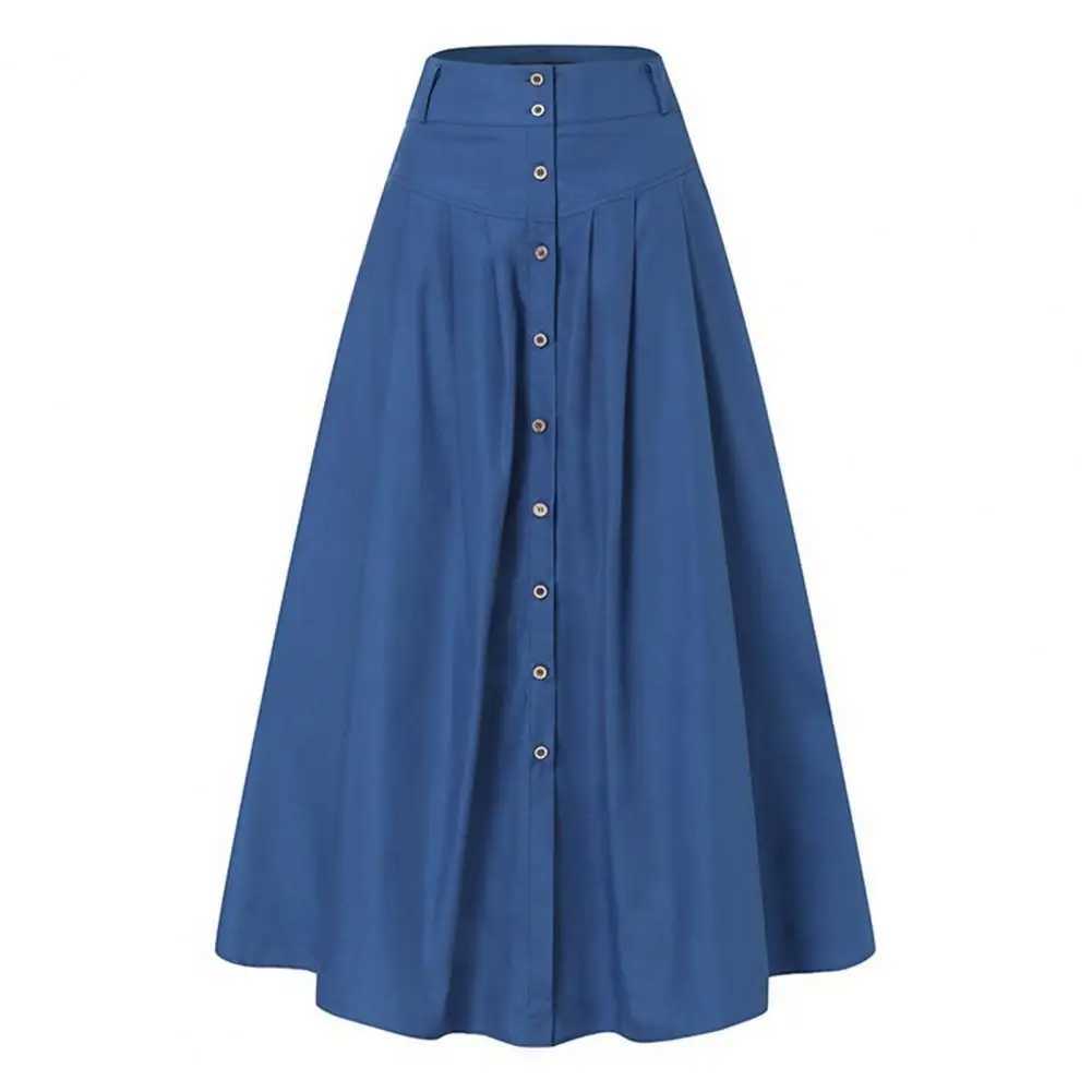 Large hem womens long solid color high waist fully matched button decoration A-line summer loose long skirt womens dress M250424
