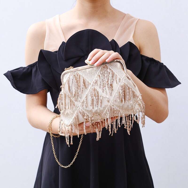 New Diagonal Straddle Tassel Evening Dress Banquet Women's Sequin Handheld Bag