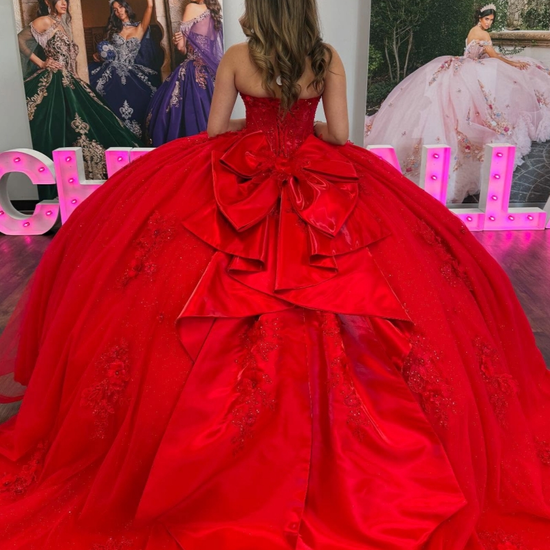 Red Princess Quinceanera Dresses Off Shoulder Applique Lace Beads Bow Tull Sweet 16 Dress Ball Gown Vestidos 15 De Anos