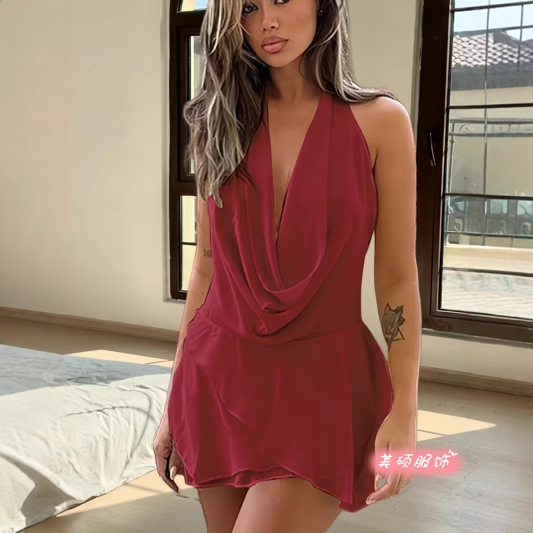 Fashion Purple V Neck Pleated Sleeveless Mini Dress Elegant Lace Up Curling Edge Gowns Female Summer Dinner Party Vestidos 250409