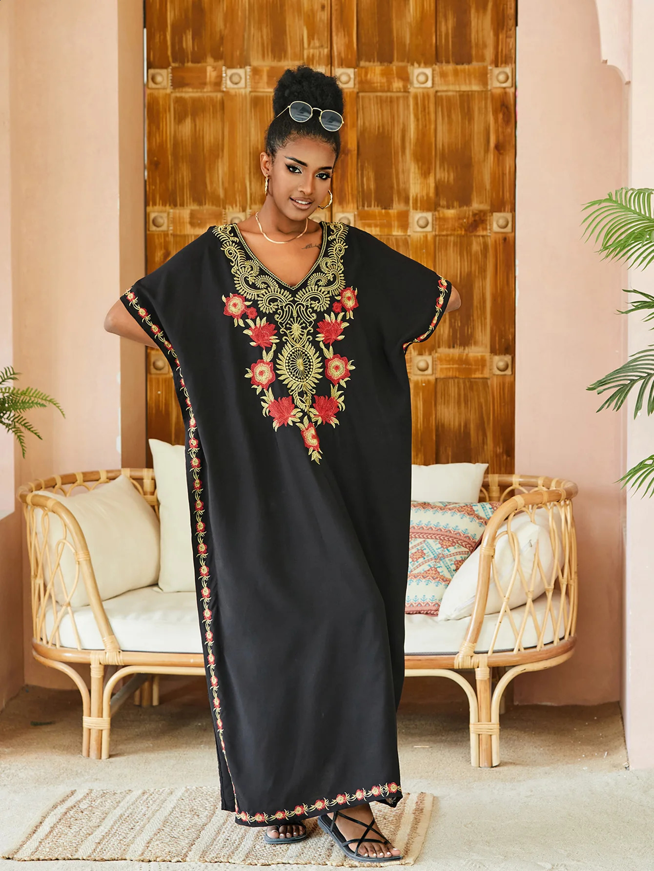 Embroidered Vneck plus size Kaftan womens Bohemian beach dress long skirt 250422
