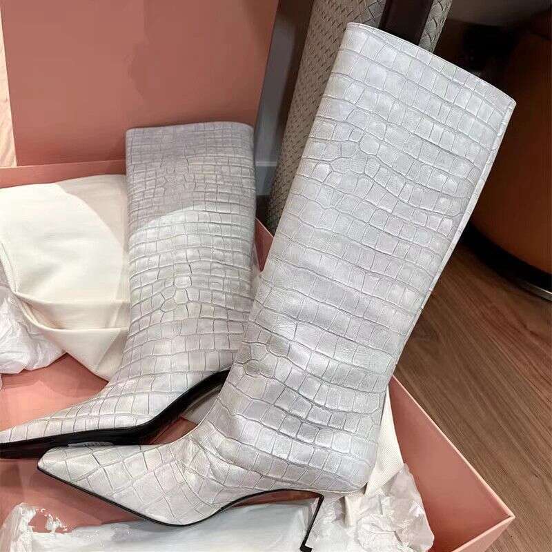 Woman Sandals New Mona Same Style Square Head Heels White Knight Crocodile Pattern High Barrel Over Knee Boots