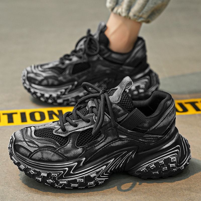 Free shipping men's retro distressed chunky dad sneakers grey mesh platform shoes thick sole fashionable versatile daily wear sports trainers mul