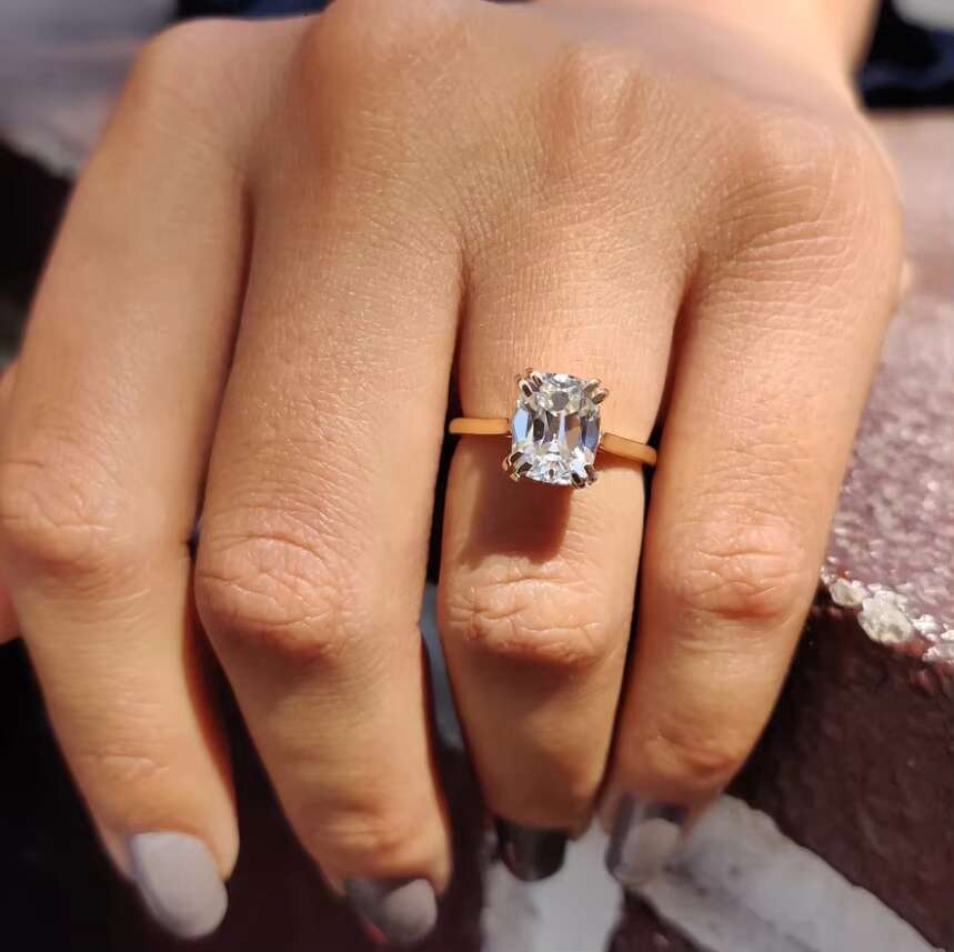 2.29 CT Elongated Cushion OEC Cathedral Set 14K Gold Moissanite Solitaire Ring