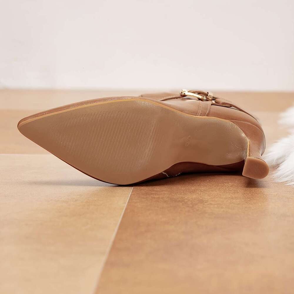 Women's Sexy Pointed Toe Knee-High Boots With Side Zipper - Brown Faux Cover Heels, Stiletto Heels For Weddings, Parties & Casual Outfits, High H