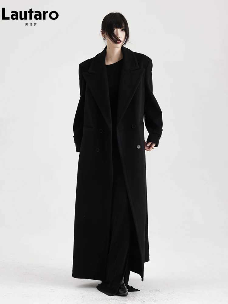 Lautaro Winter Luxury Extra Long Black Warm Soft Wool blends Coat for Women High Quality Loose Casual Woolen Overcoat 2024 J251124