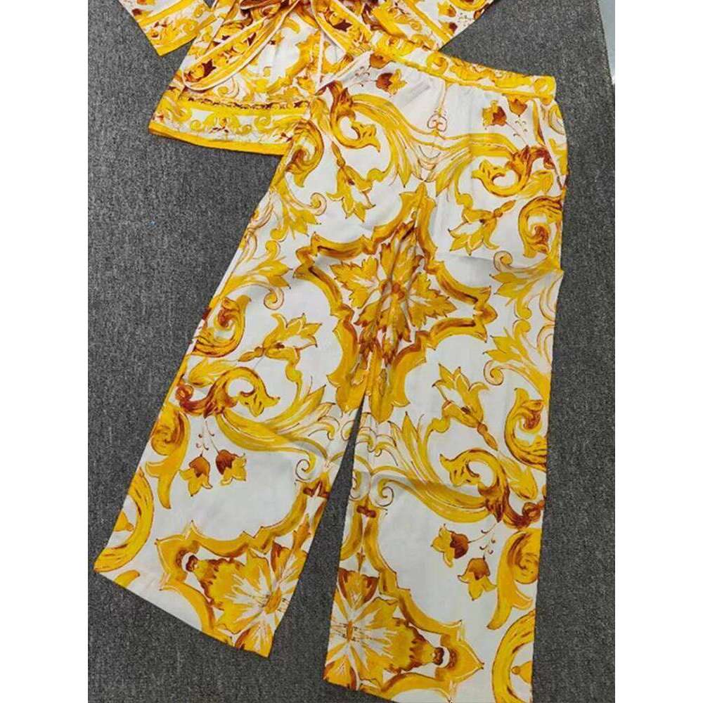 Women's Wear New Spring And Summer Geometric Printing Lapel Long-Sleeved Shirt+Elastic Waist Wide-Leg Trousers Casual Two-Piece Women's Suit
