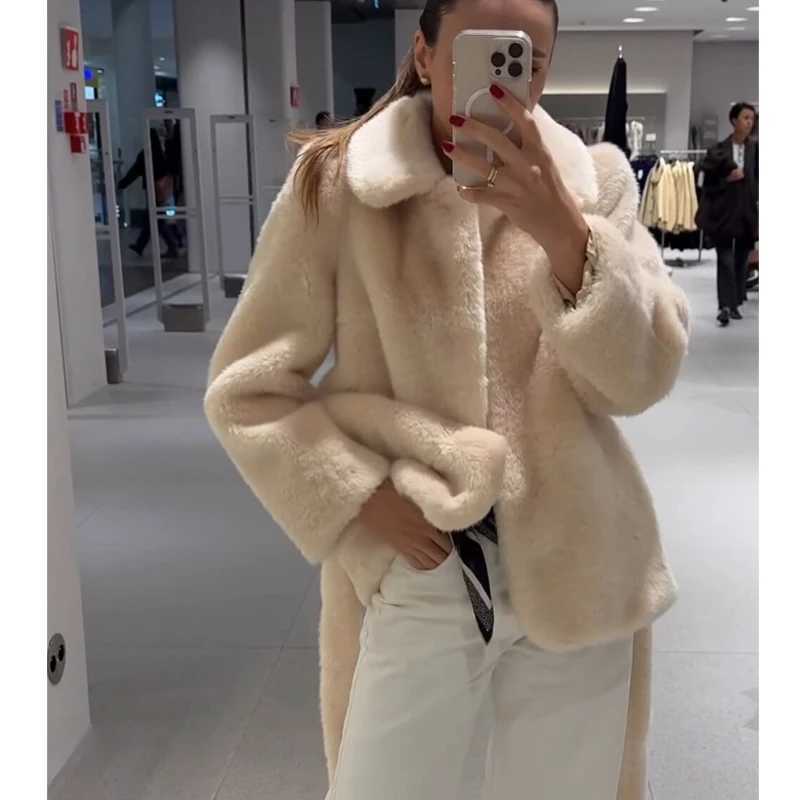 MUJER Faux Fur Plush Jacket Women Fluffy Demi-season Jackets for Women Warm Winter Womens Teddy Coats Belt New in Outerwears J251124
