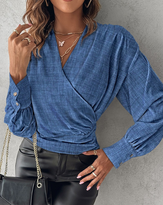 2023 Autumn Long sleeved Fashion V-neck Printed Womens Shirt Womens Wear