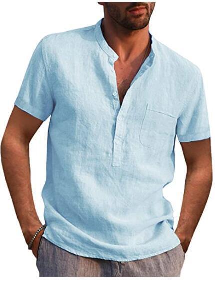 2022 mens short sleeve V-neck casual beach Linen Shirt Mens wear