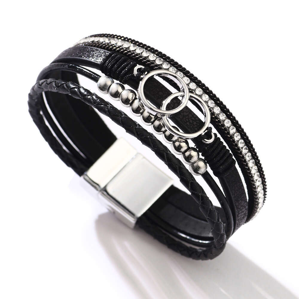 2025 New Product PU Colorful Ring Gold Beads Handmade Weaving Leather Strap Bracelet Campus Fashion Style Jewelry