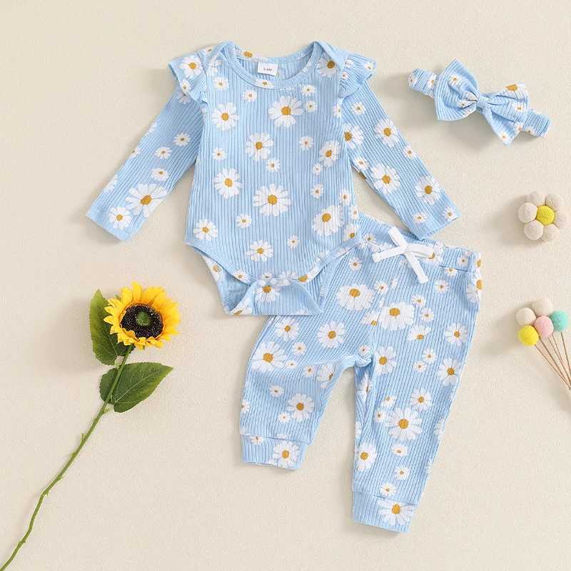 Clothing Sets 2024-06-13 Lioraitiin 0-18M Baby Girl Fall Outfit Print Long Sleeve Romper with Long Pants and Headband 3 Pcs Set R250424