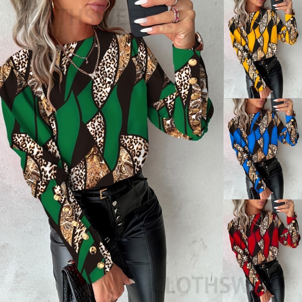 2023 autumn and winter fashion printed long sleeved round neck button down shirt for women