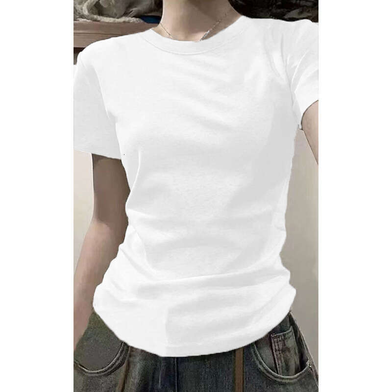 Pure cotton American V-neck shoulder short sleeved T-shirt for women in the summer of 2025, basic with inner lining and college style top