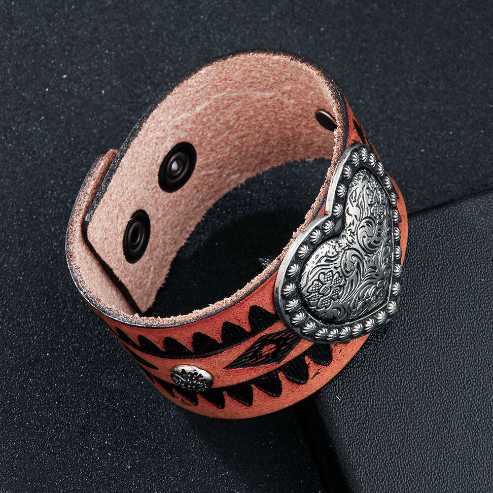 Temu High end Cowhide Love Antique Metal Accessories Imprinted Totem Genuine Leather Bracelet for Men