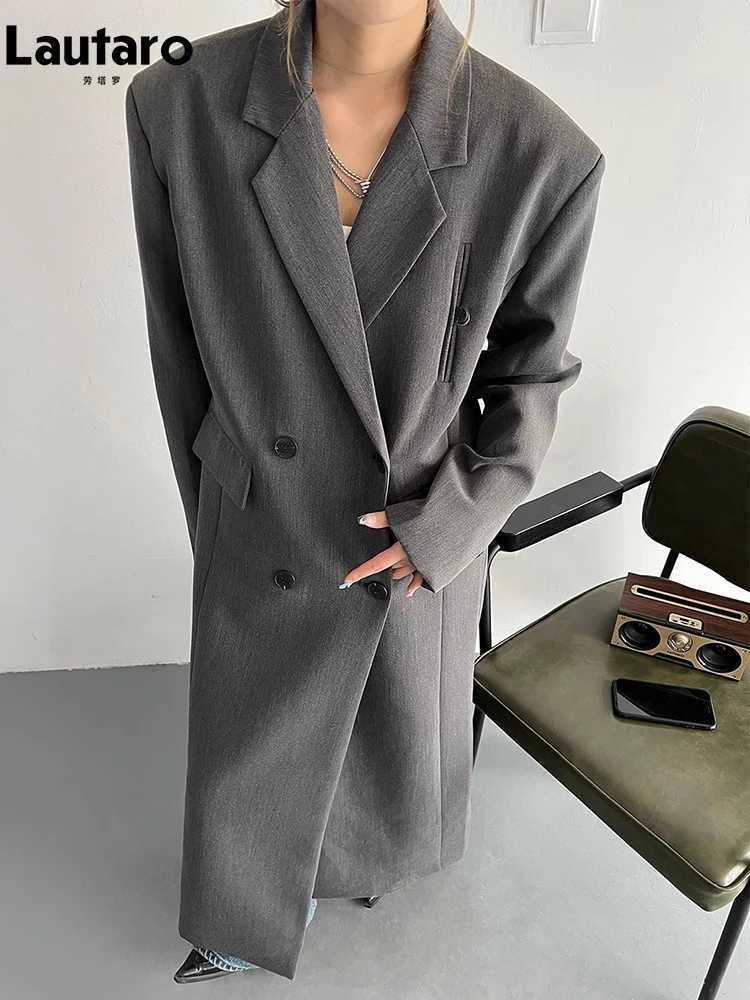 Lautaro Spring Autumn Long Grey Black Trench Coat for Women Double Breasted Loose Casual Korean Fashion Clothing Blazer 2023 J251124