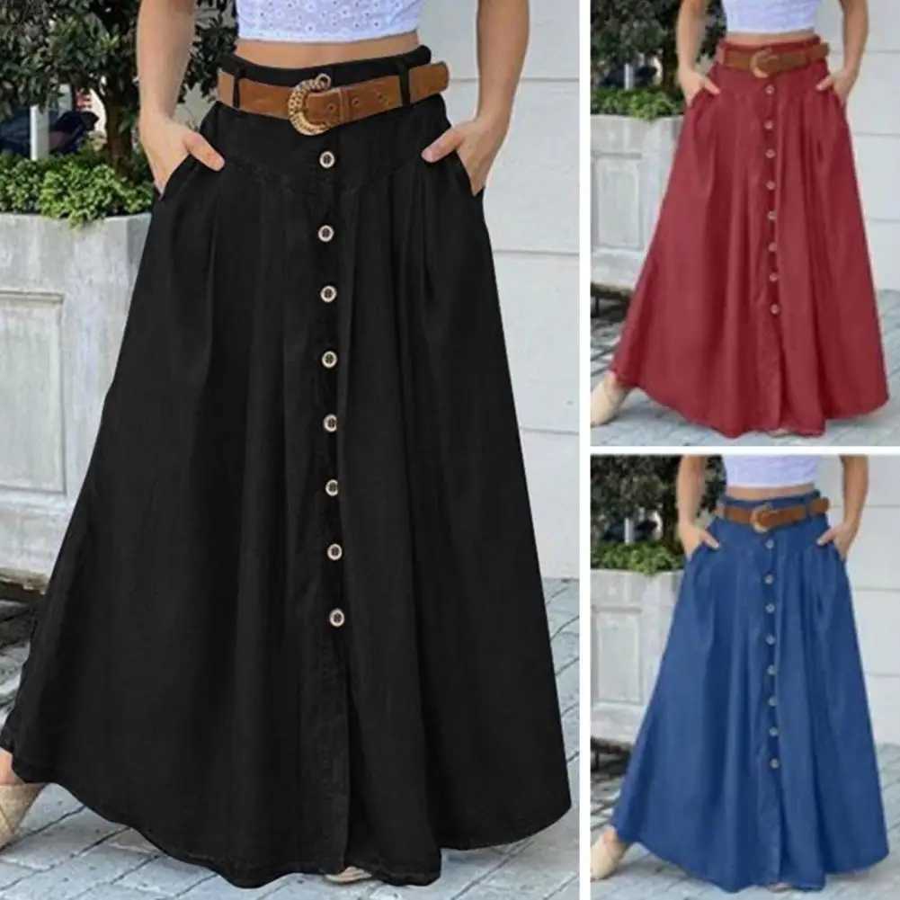 Large hem womens long solid color high waist fully matched button decoration A-line summer loose long skirt womens dress M250424
