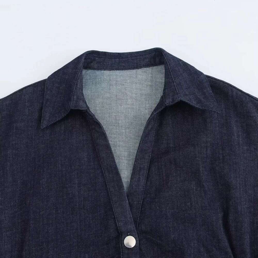 ETJ 2025 Traf Spring New 1975 Series Denim MIDI With Lapel Side Zipper Fashion Wrinkle Waist Slim Elegant Dress
