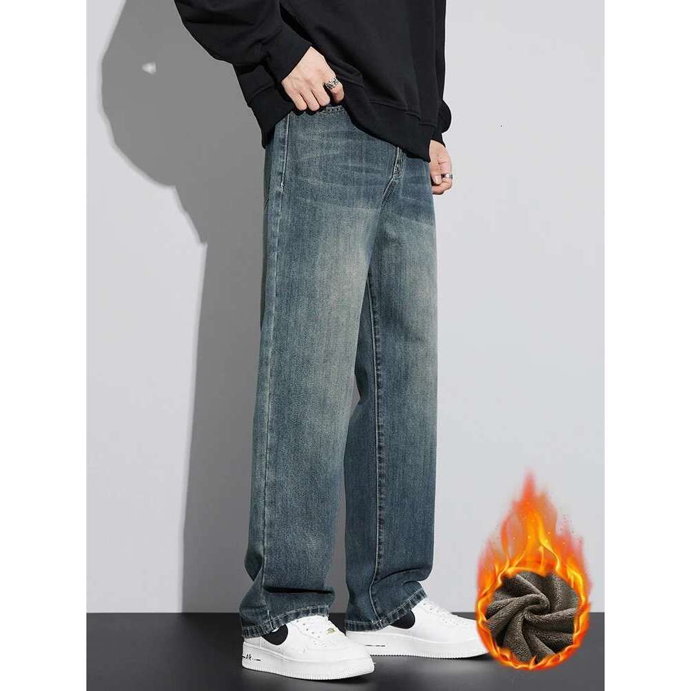 Fleece Baggy Straight Jeans Men Winter New Classic Vintage Blue Wide Leg Denim Pants Fashion Korean Thickened Warm Male Trousers