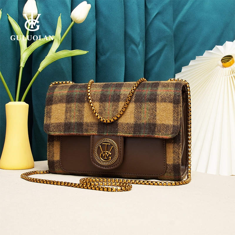 Autumn Winter New Woolen Plaid Niche Design Chain Underarm Fashionable And Versatile Single Shoulder Small Square Bag Crossbody Bag Tote Bag