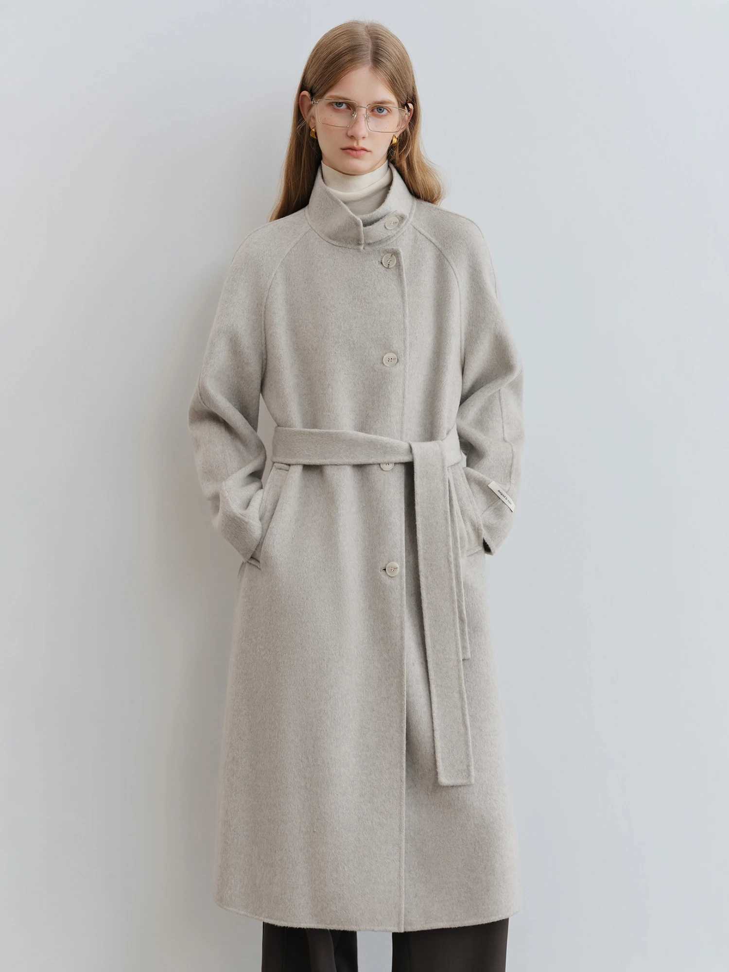 ZIQIAO Petite Size 2025 Autumn Winter Womens Stand Collar Cashmere Wool Blend Coat Long Tweed Overcoat for Small Size Slim Fit J251124