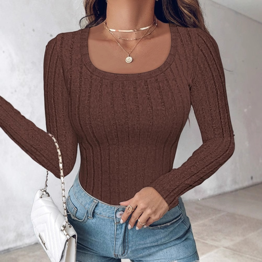 2024 autumn temperament slim fit long sleeved solid color round neck T-shirt top womens clothing