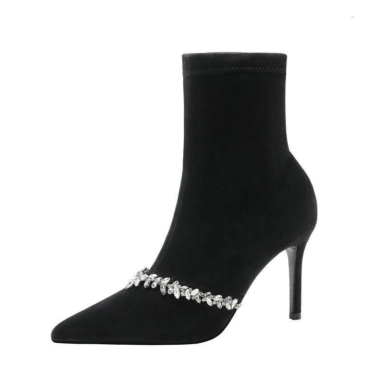 Woman Sandals Black Suede High Heeled Short For Women New Style French Rhinestone Pointed Thin Heel Elastic With Fleece Slimming Boots