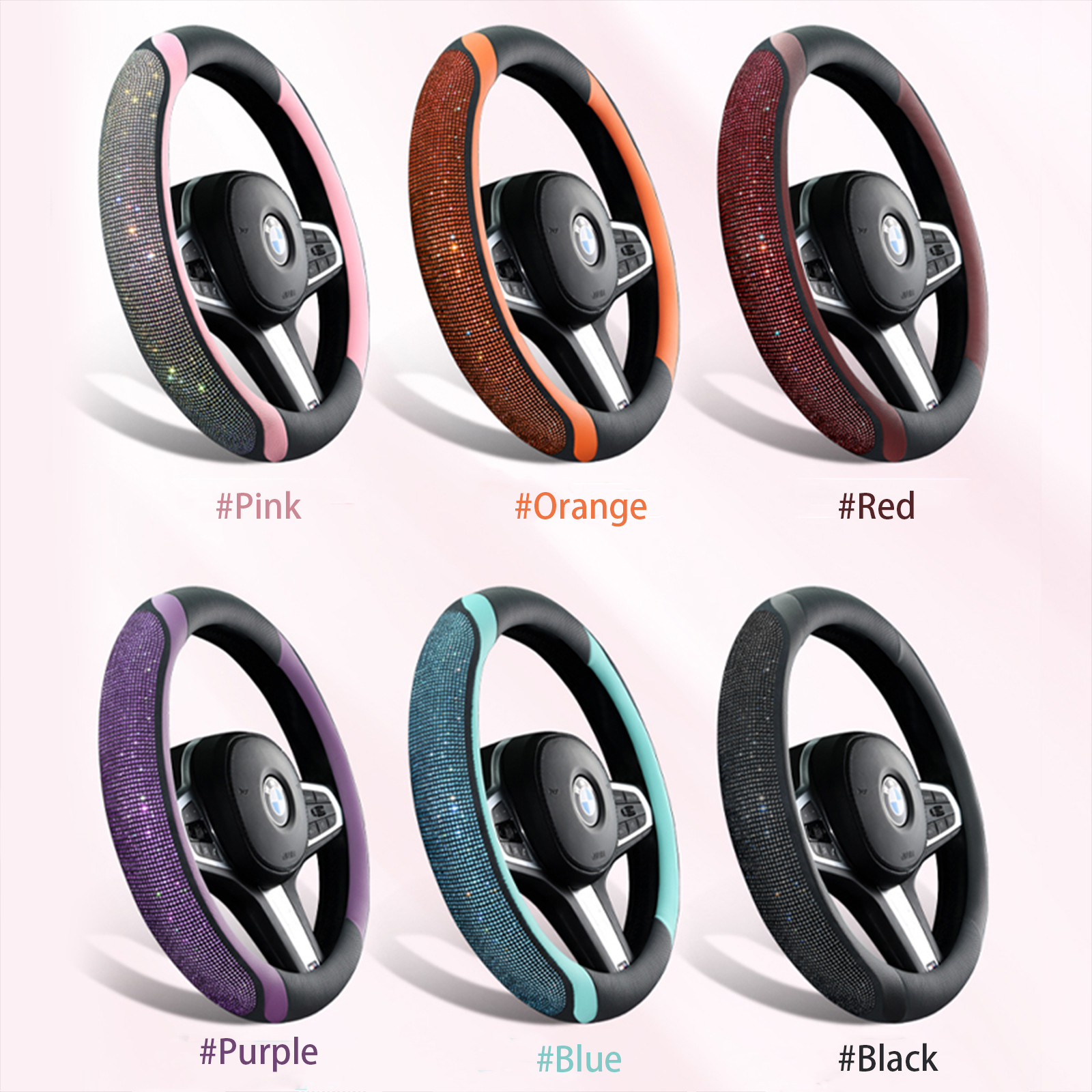 Leather Steering Wheel Cover for Women & Girls | 15inch/38cm Universal Anti-Slip Bling Wheel Protector | Crystal Rhinestone & Rainbow Diamond Decor | 