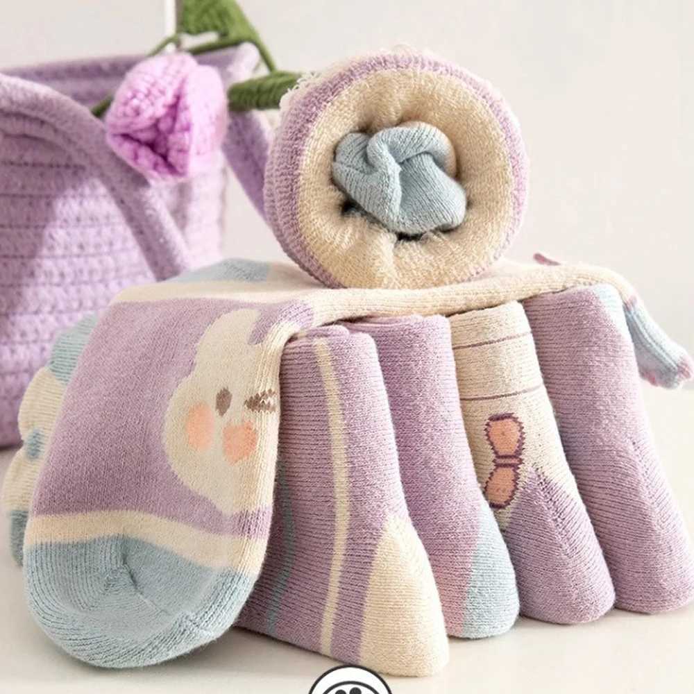 5 Pairs Girls Thick SOCKSCute Bunny CHIldrens SOCKS Winter Warmth Purple Mid Tube SOCKS Autumn/Winter G251124
