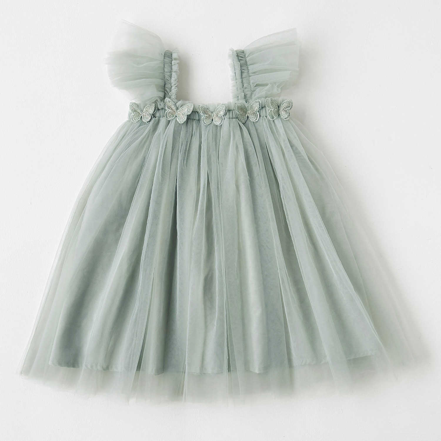 Double Layered Butterfly Sweet Beauty Childrens Mesh Dress 2025 Summer Style Flying Sleeve Strapless Princess Dress Fluffy Skirt Formal Dress Y250423u