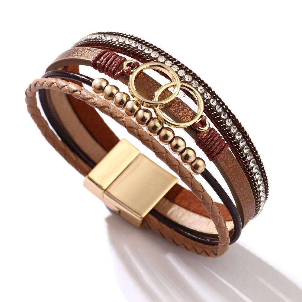 2025 New Product PU Colorful Ring Gold Beads Handmade Weaving Leather Strap Bracelet Campus Fashion Style Jewelry