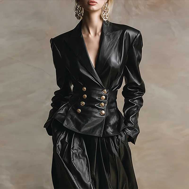 Model Urban Elegance Faux Leather Jackets for Women 2025 Winter V-neck Double-breasted Wommes Vintage Black Pu Leather Outwear J251124