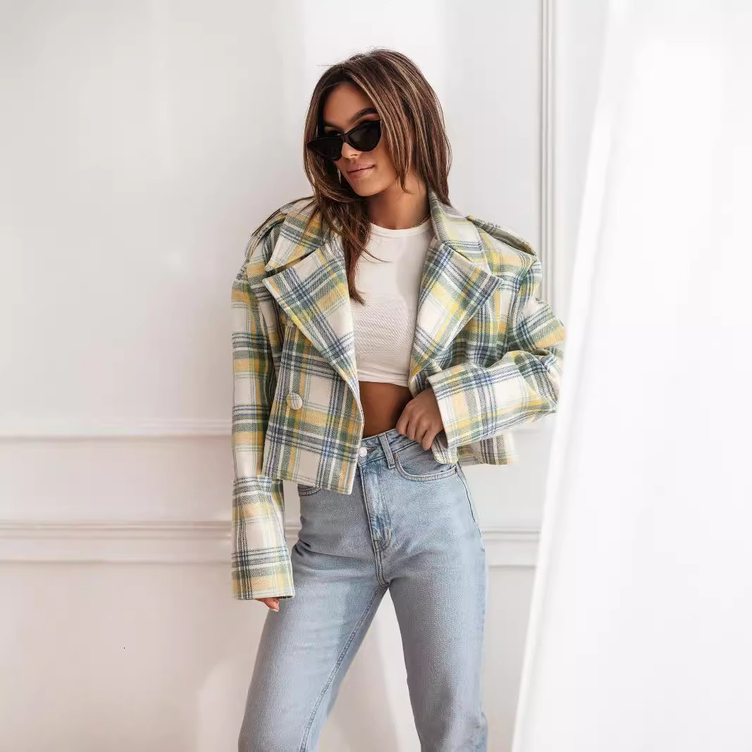 2024 new autumn and winter fashionable British suit collar plaid printed woolen jacket for women