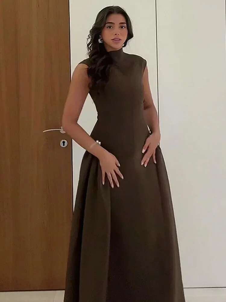 Fashion Waist A-Line Pleated Robe Women's Elegant Solid High Collar Sleeveless Maxi Dress 2025 Summer Evening Party Dresses