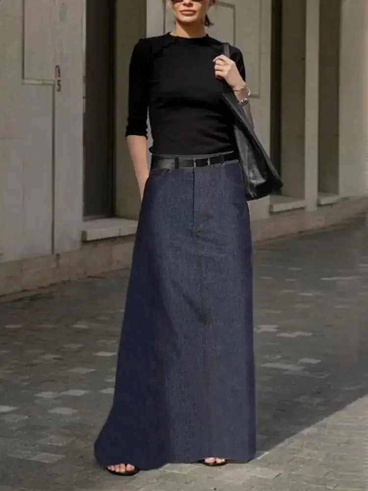 Fashion denim HLine high waisted skiing spring and summer loose solid color pocket women Maxi 250417