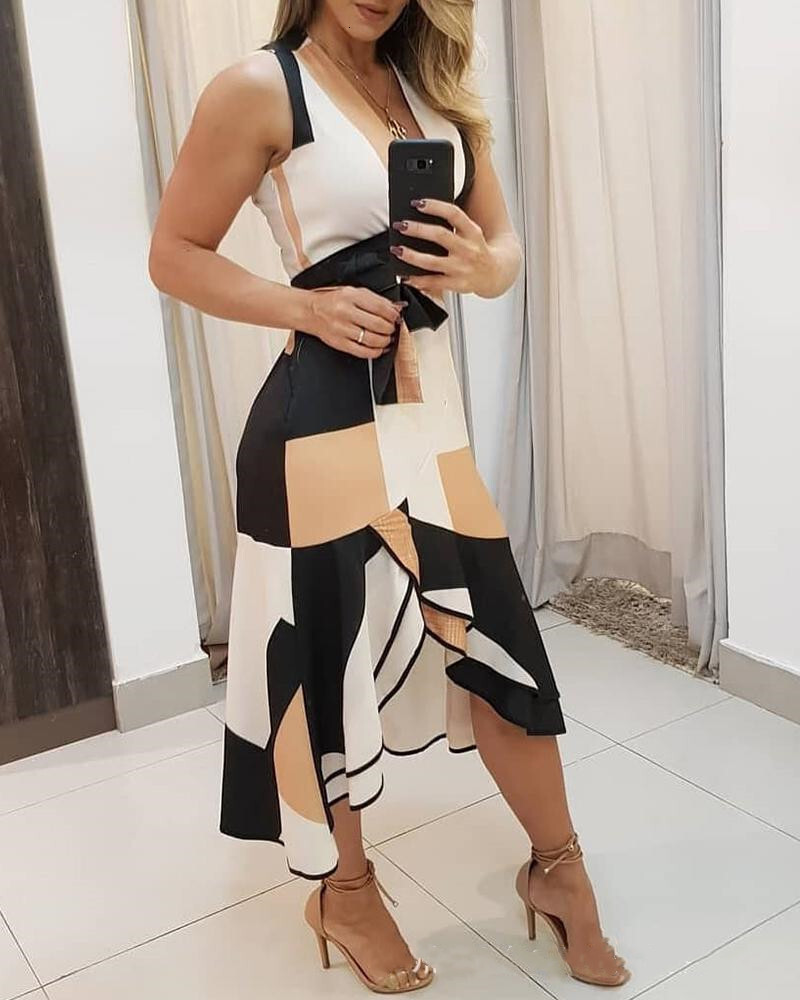 2020 summer V-neck sleeveless contrast printed womens dress