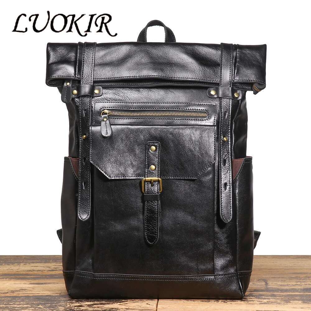 LUOKIR Genuine Leather Men's Large Capacity Backpack, First Layer Cowhide Outdoor Travel School Bag, 17-inch Laptop Bag