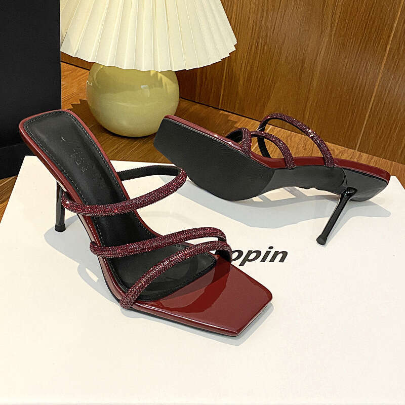 Woman Sandals Stiletto High Heeled In Burgundy Summer Sexy Exterior With Rhinestones Exposed Toes Straight Strap Square Head Cool Slippers For Women