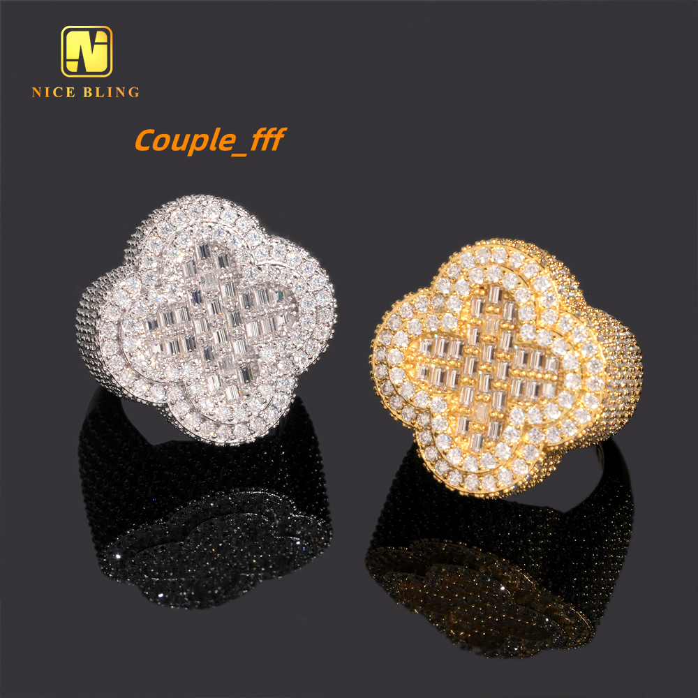 GRA Certificate Baguette Hip Hop Rapper VVS Moissanite Fine Jewelry Diamond Men Rings Iced Out Jewelry 925 Silver Clover Ring