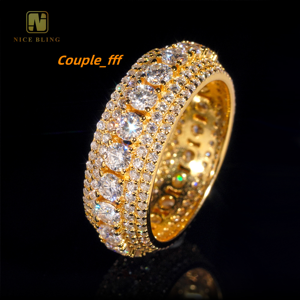Luxury Rapper Jewelry Gold Plated Solid Inside 925 Sterling Silver Hip Hop Fully Iced Out Moissanite Band Ring
