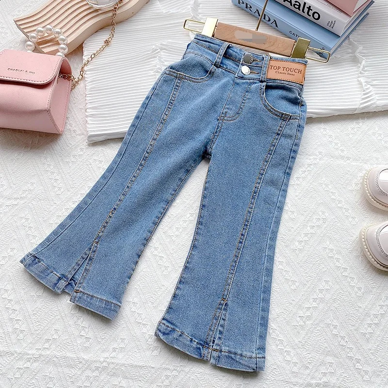 Girls aged 310 jeans 2024 childrens fashion Korean version denim split flash pants baby solid color casual 250414z
