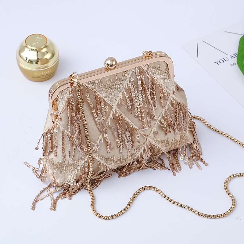 New Diagonal Straddle Tassel Evening Dress Banquet Women's Sequin Handheld Bag