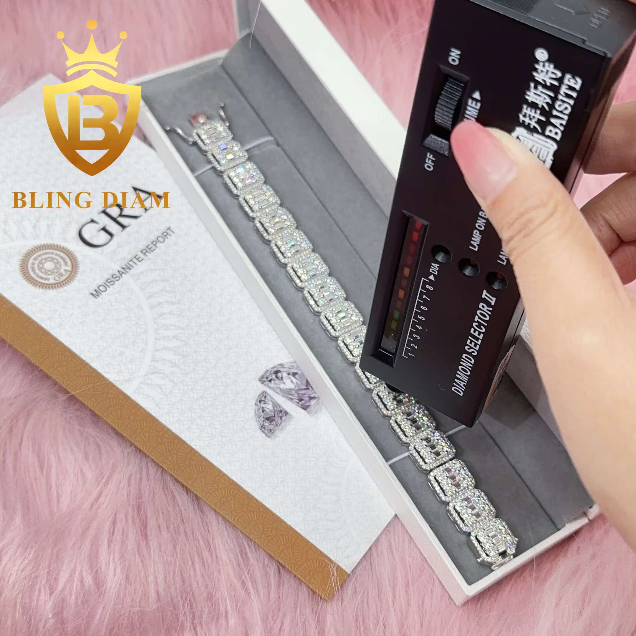 Hip Hop Bling Jewelry 13mm Baguette Tennis Chain Moissanite Ice Out 925 Silver Cluster Moissanite Cuban Chain Necklace Bracelet